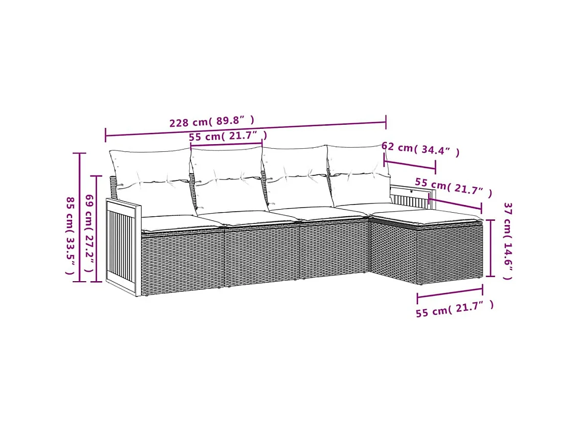5 pcs conjunto de sofás p/ jardim com almofadões vime PE bege PT950336