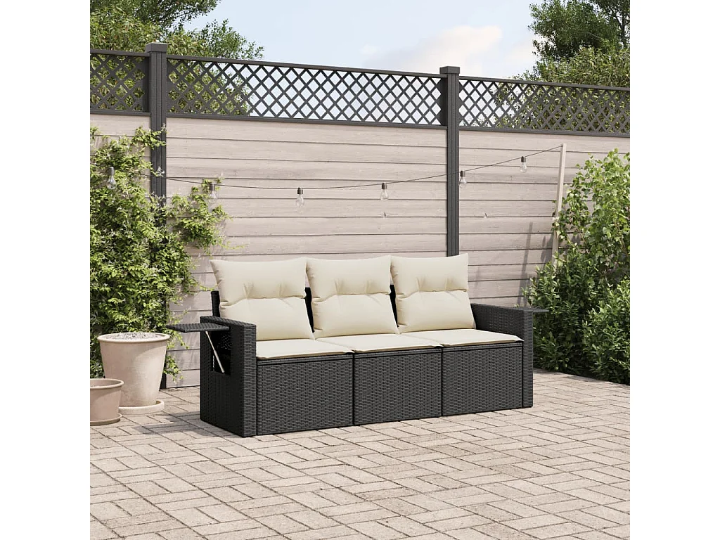 Salon de jardin 3 pcs avec coussins noir résine tressée FR14405