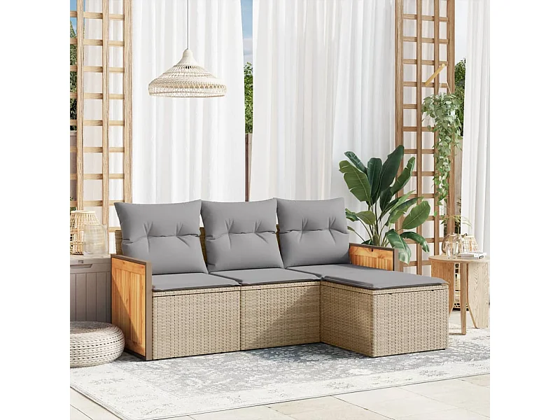 4 pcs conjunto de sofás para jardim c/ almofadões vime PE bege PT286281