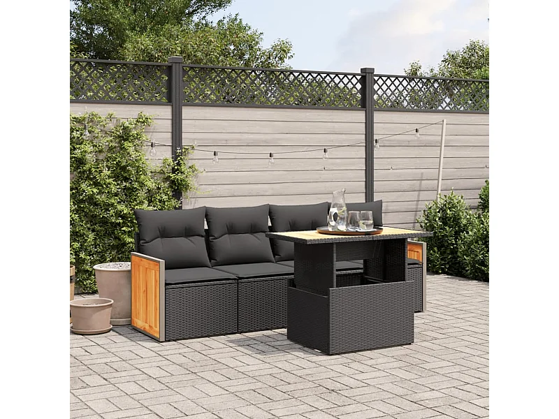 5 pcs conjunto sofás de jardim com almofadões vime PE preto PT533503