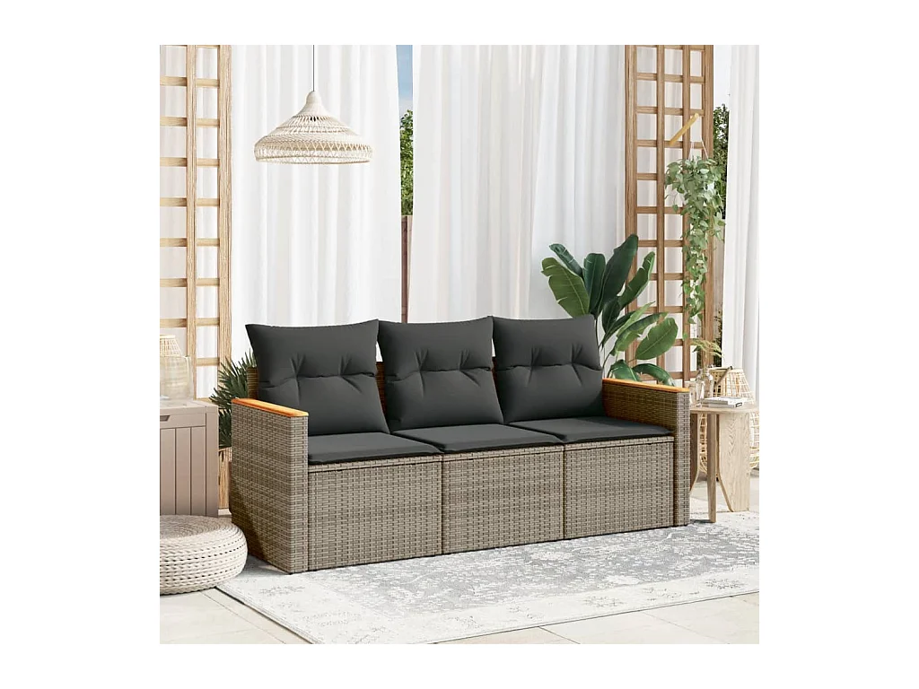 3-delige Loungeset met kussens poly rattan grijs  BE643874
