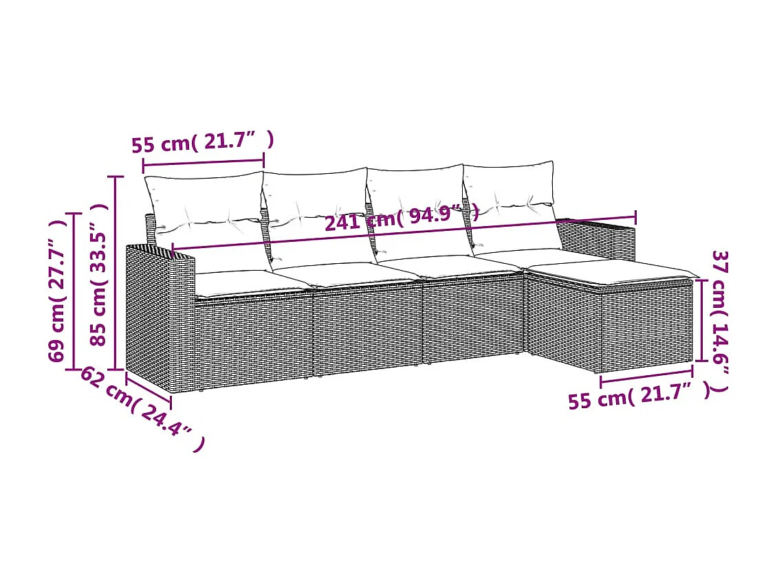 Salon de jardin avec coussins 5 pcs marron résine tressée FR10892