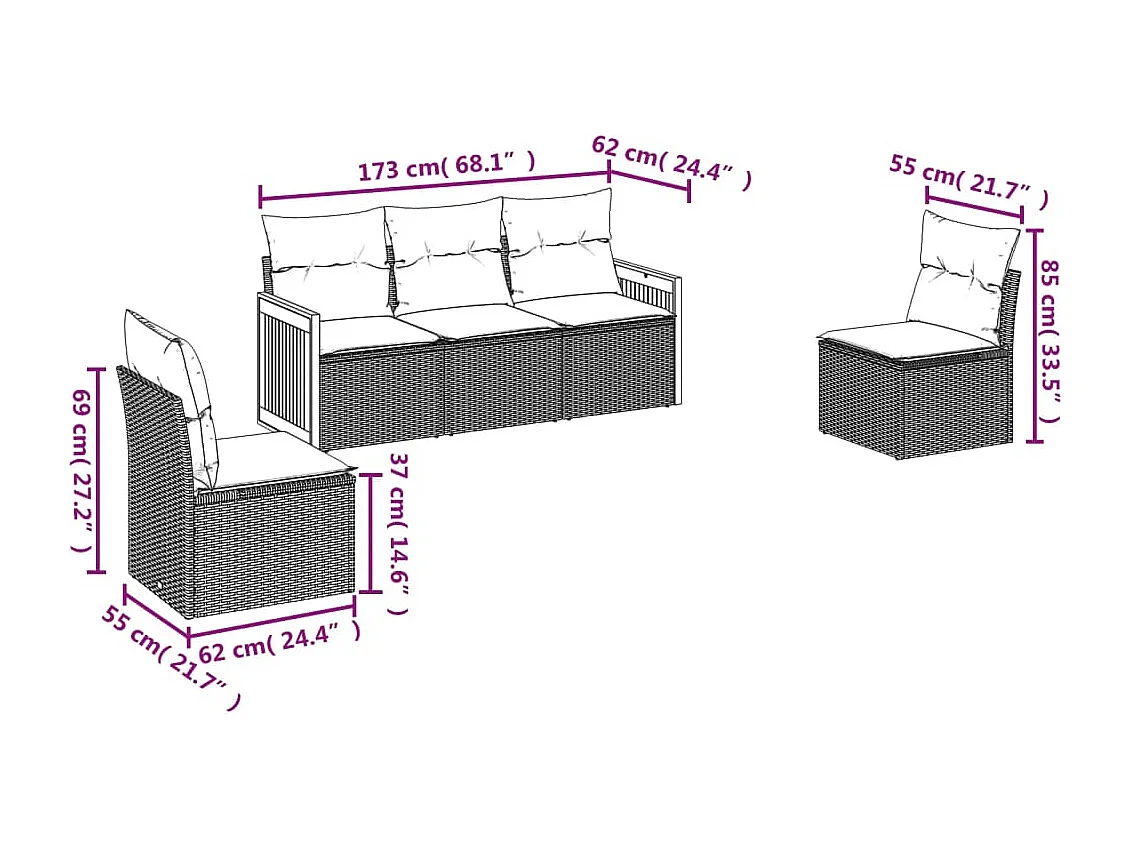 5 pcs conjunto sofás de jardim com almofadões vime PE preto PT193004