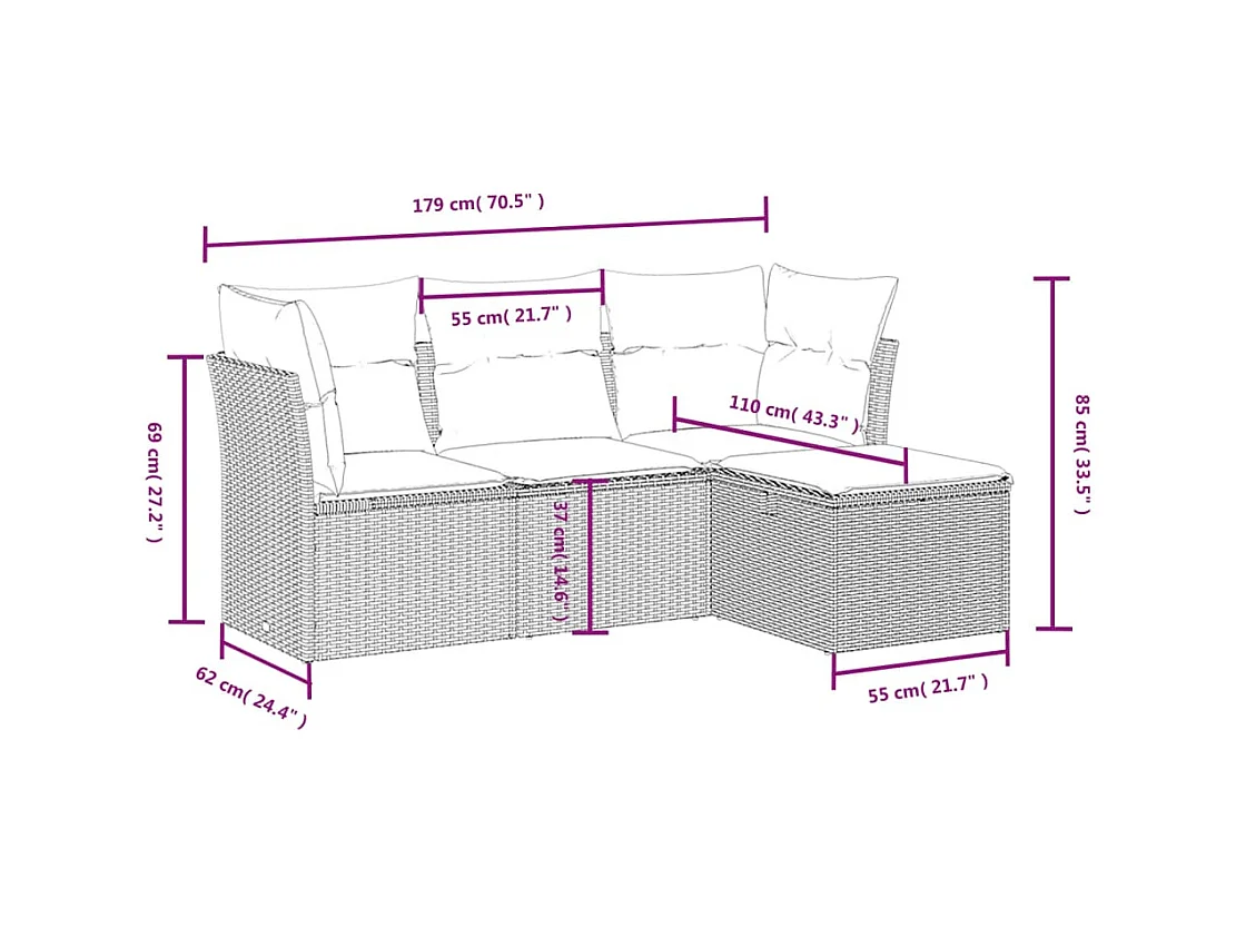 Salon de jardin 4 pcs avec coussins gris résine tressée FR63961