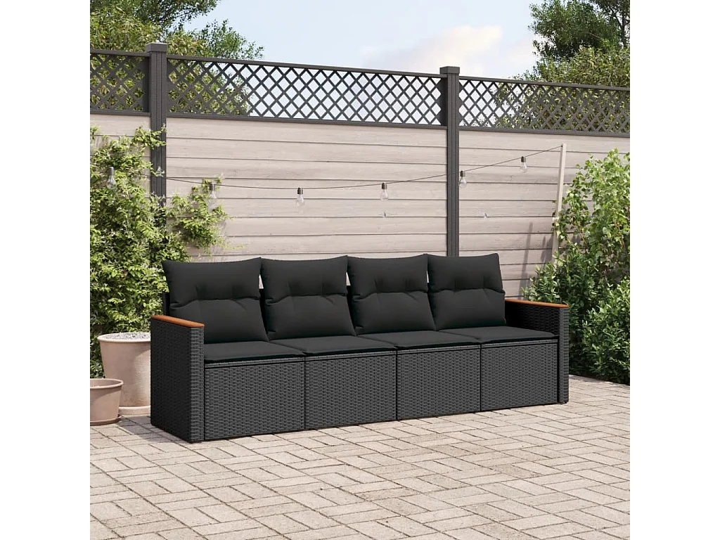 Salon de jardin 4 pcs avec coussins noir résine tressée FR22994