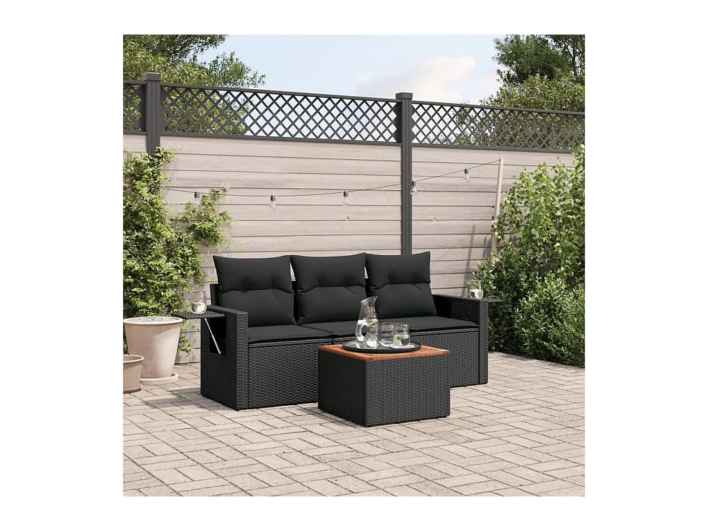 Salon de jardin 4 pcs avec coussins noir résine tressée FR85006