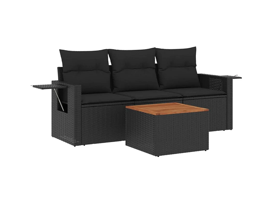 Salon de jardin 4 pcs avec coussins noir résine tressée FR85006