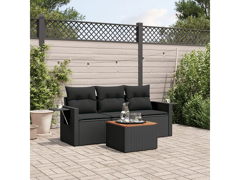 Salon de jardin 4 pcs avec coussins noir résine tressée FR85006