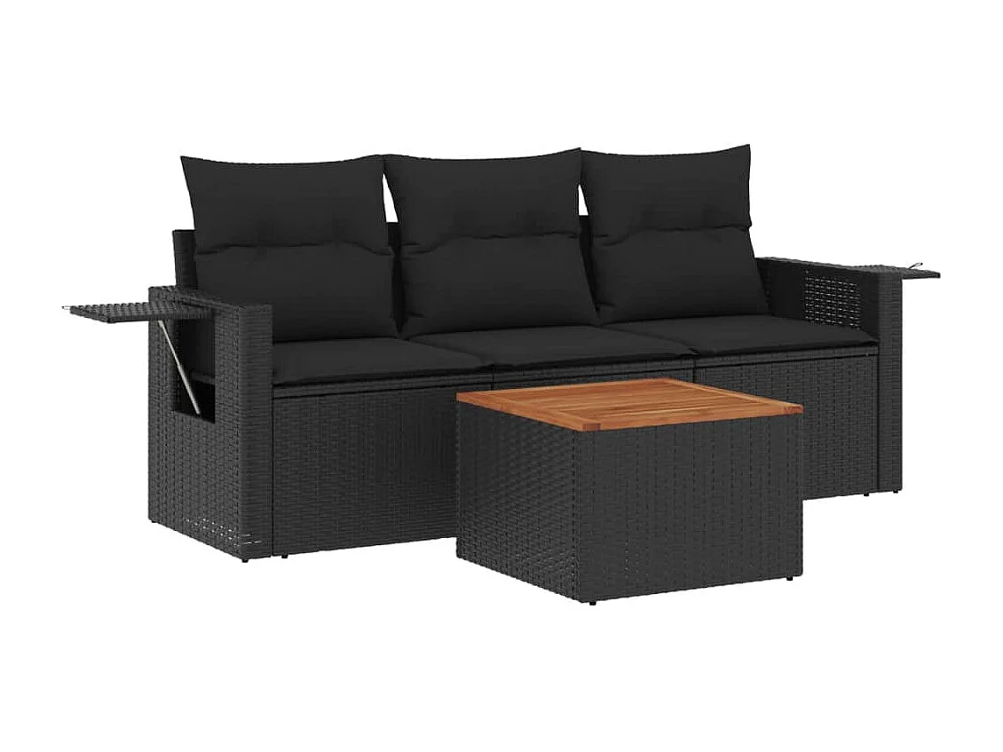 Salon de jardin 4 pcs avec coussins noir résine tressée FR85006