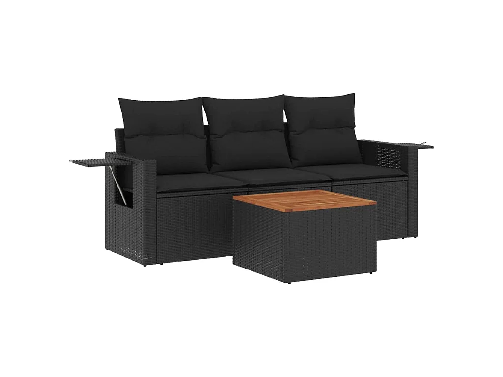 Salon de jardin 4 pcs avec coussins noir résine tressée FR85006