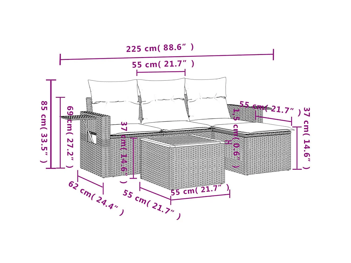 5-delige Loungeset met kussens poly rattan zwart BE228092