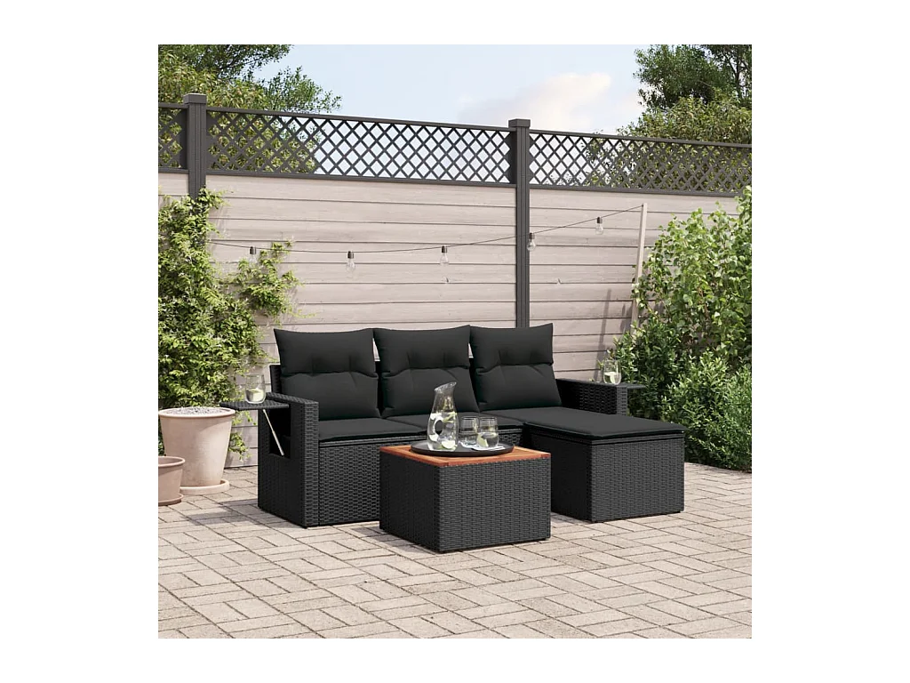 5-delige Loungeset met kussens poly rattan zwart BE228092