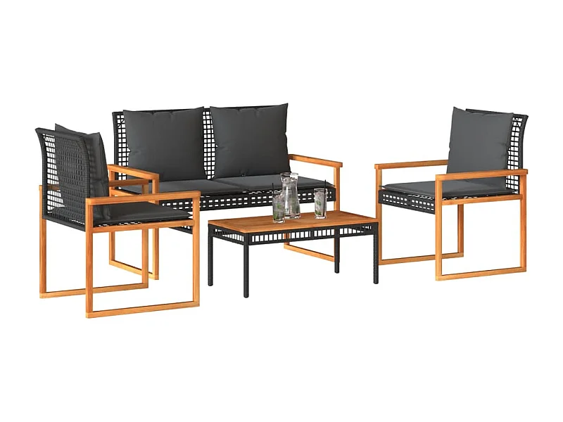 4 pcs conjunto lounge de jardim c/ almofadões vime PE preto PT624144