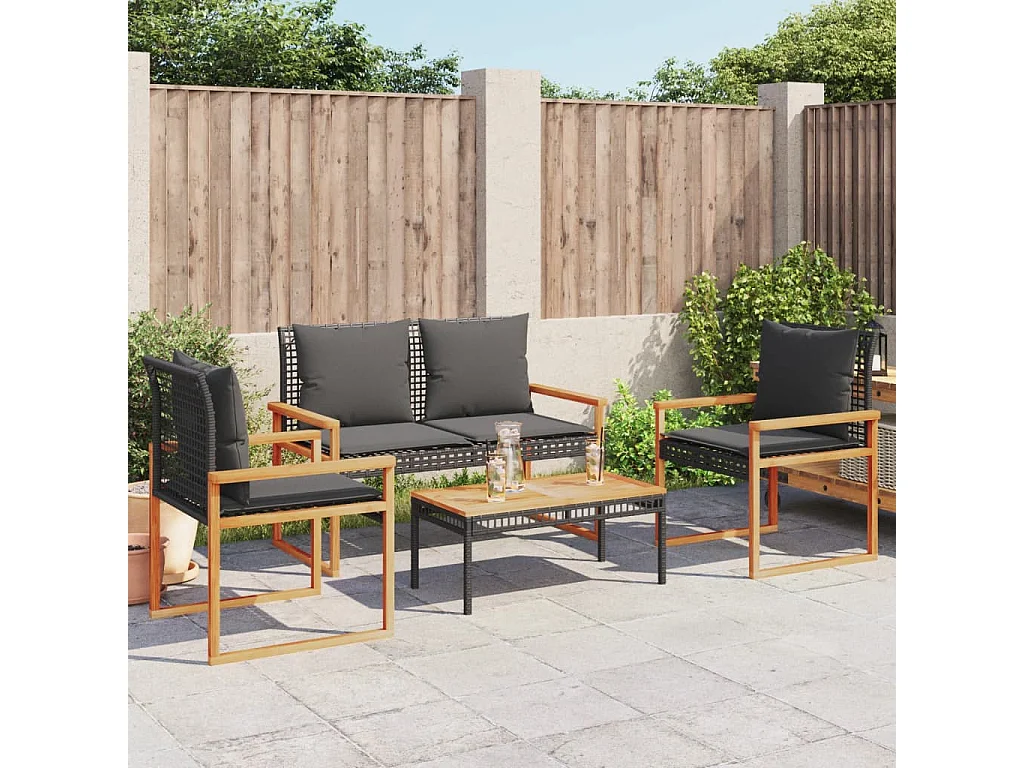 Salon de jardin 4 pcs avec coussins Noir Résine tressée FR89900