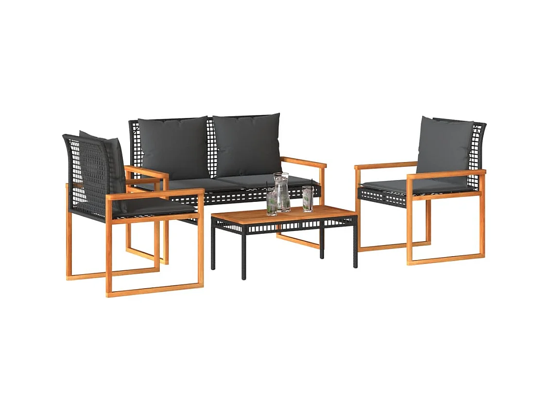 Salon de jardin 4 pcs avec coussins Noir Résine tressée FR89900