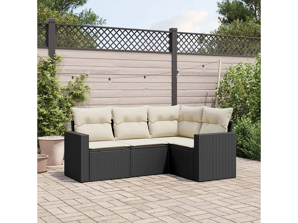Salon de jardin 4 pcs avec coussins noir résine tressée FR30204