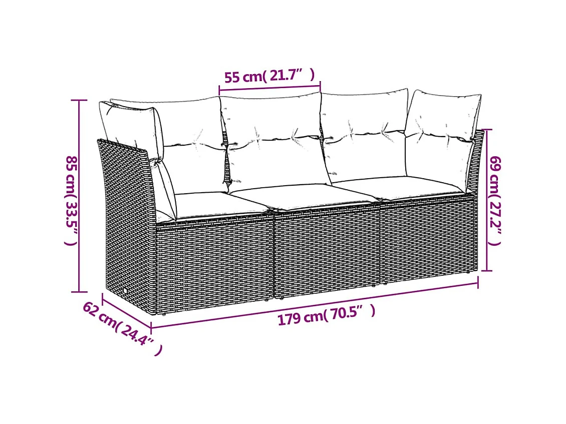 Salon de jardin avec coussins 3 pcs marron résine tressée FR74989