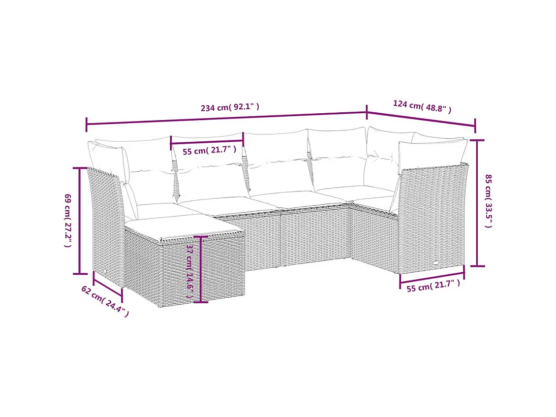 6 pcs conjunto sofás de jardim c/ almofadões vime PE preto PT453631