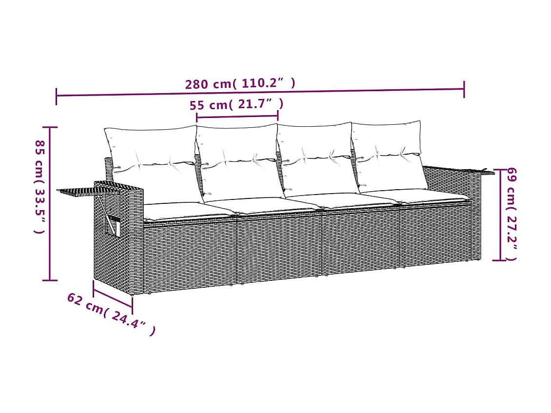 Salon de jardin 4 pcs avec coussins noir résine tressée FR27770
