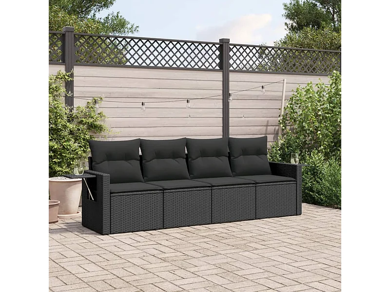 Salon de jardin 4 pcs avec coussins noir résine tressée FR27770