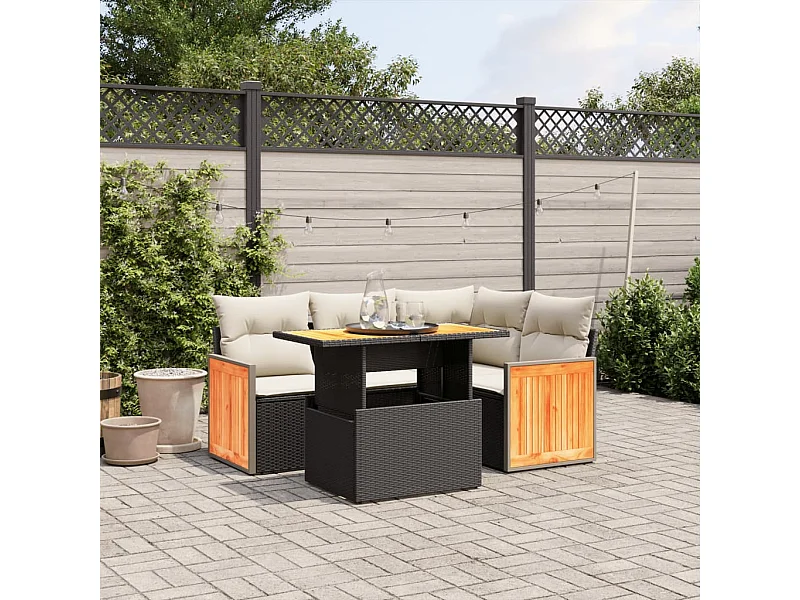 5 pcs conjunto sofás de jardim com almofadões vime PE preto PT561019