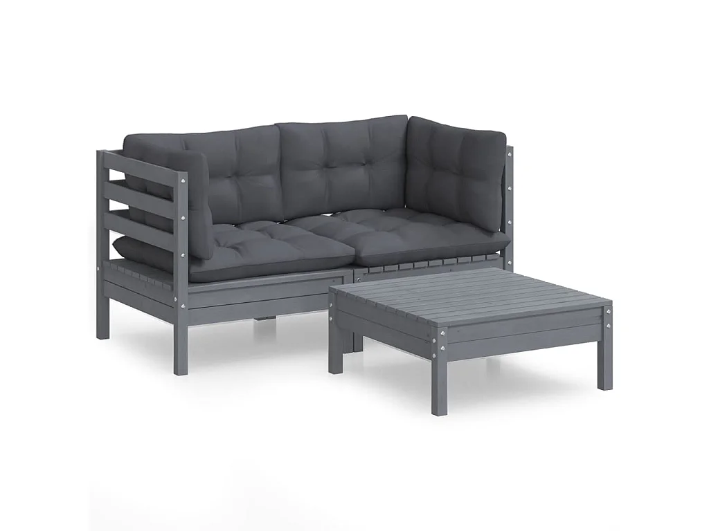 Salon de jardin 3 pcs avec coussins anthracite bois de pin FR25514