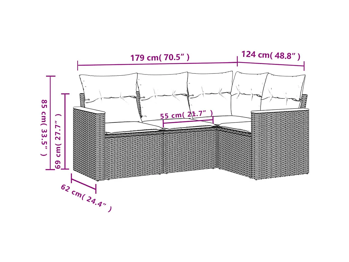 Salon de jardin 4 pcs avec coussins noir résine tressée FR78626