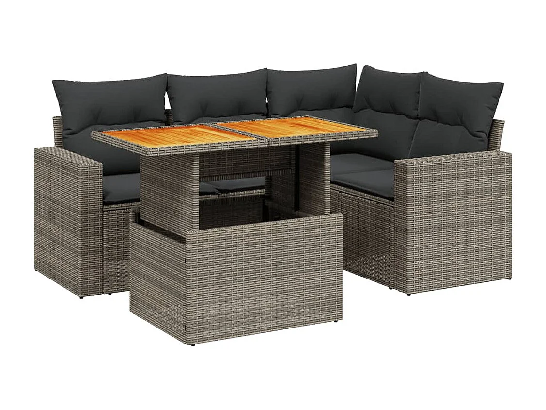 5 pcs conjunto sofás de jardim c/ almofadões vime PE cinzento PT612206