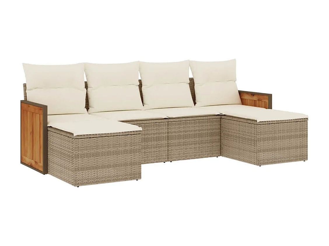 6 pcs conjunto de sofás p/ jardim com almofadões vime PE bege PT540299