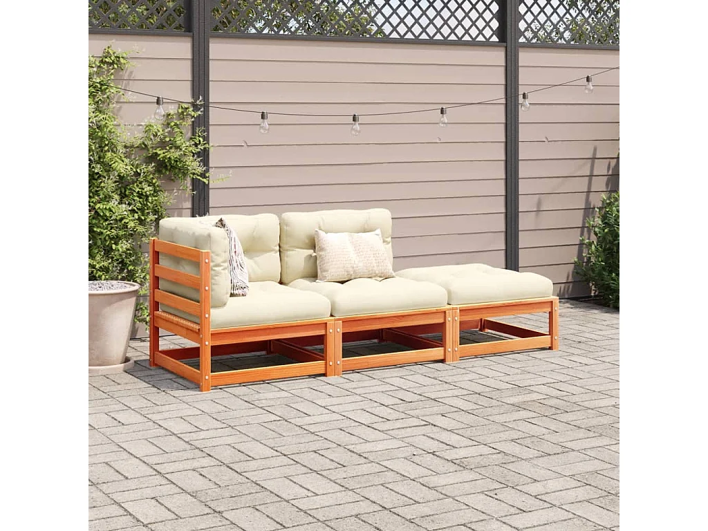 Conjunto de jardín 3 pzas con cojines madera pino marrón cera ES278146