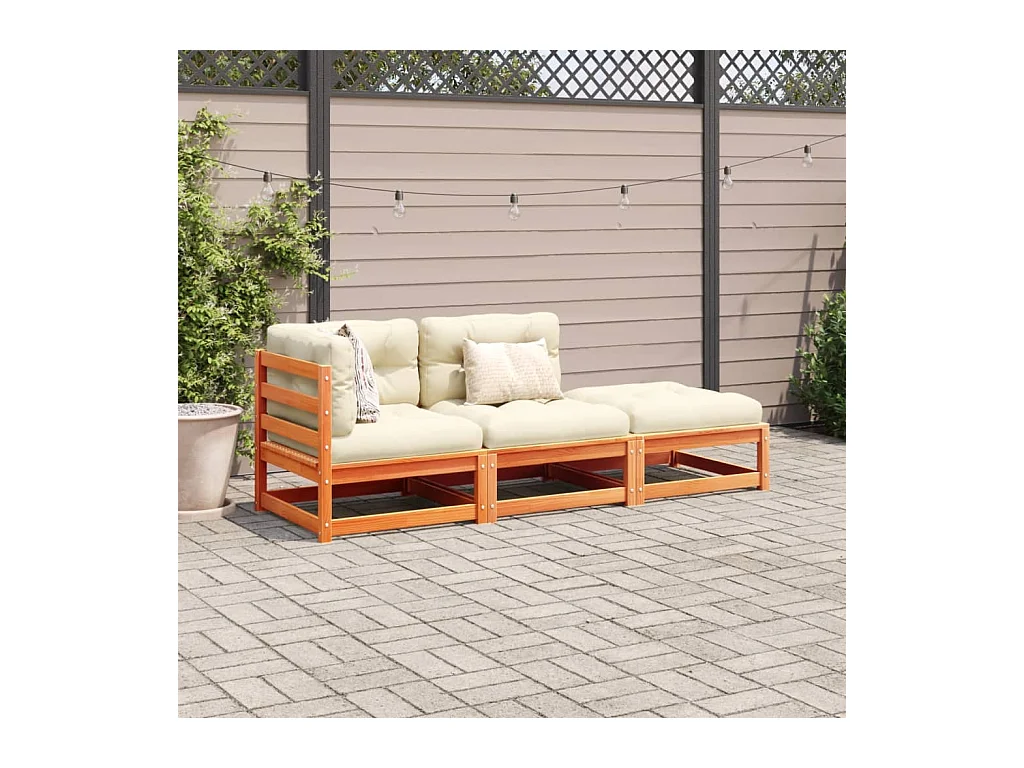 Salon de jardin 3 pcs avec coussins cire marron bois pin massif FR22804