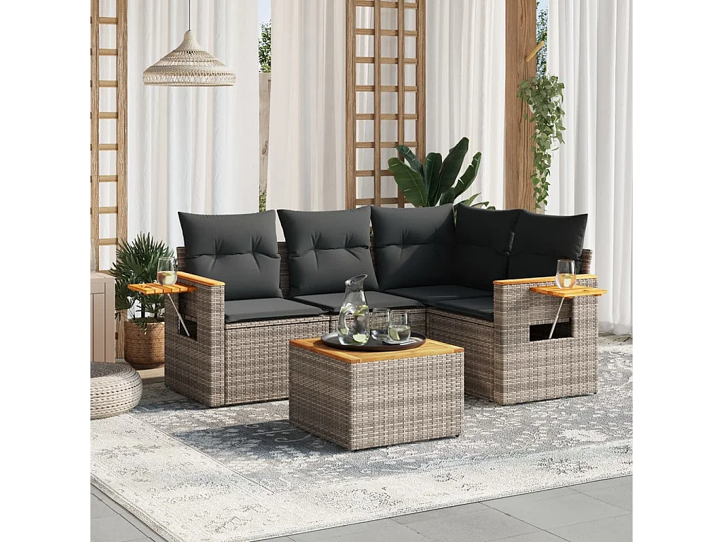 5-delige Loungeset met kussens poly rattan grijs BE142175