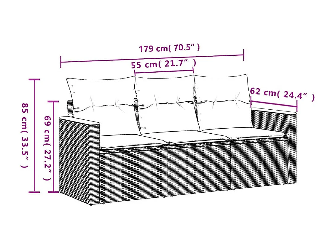 3 pcs conjunto sofás de jardim com almofadões vime PE preto PT969618