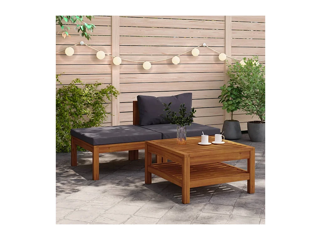 Salon de jardin 3 pcs avec coussins gris foncé Bois d'acacia FR46111