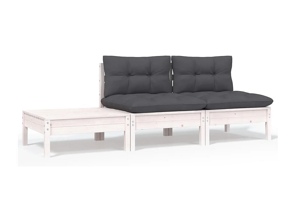 Salon de jardin 3 pcs avec coussins Blanc Bois de pin massif FR49734
