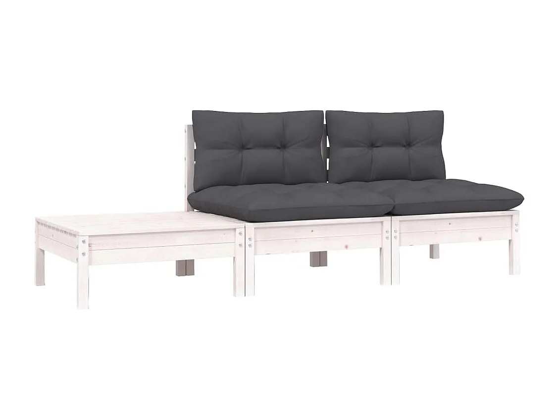 Salon de jardin 3 pcs avec coussins Blanc Bois de pin massif FR49734
