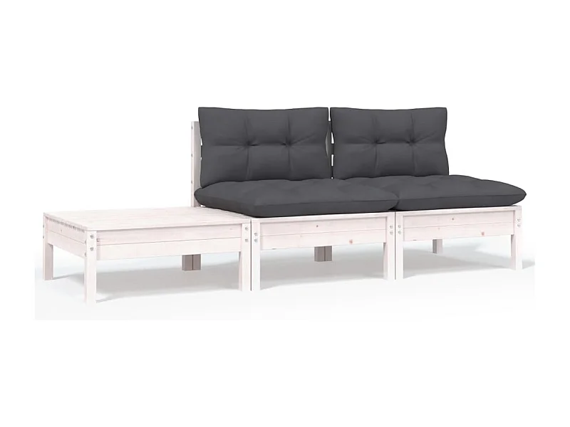 Salon de jardin 3 pcs avec coussins Blanc Bois de pin massif FR49734