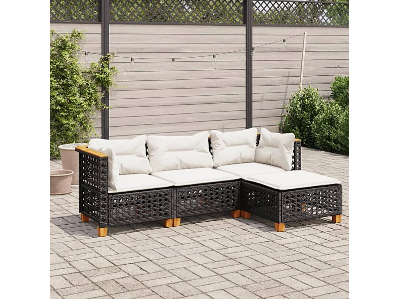 4 pcs conjunto de sofás para jardim c/ almofadões vime PE preto PT148821