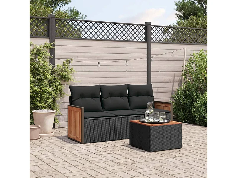 Salon de jardin 4 pcs avec coussins noir résine tressée FR47620