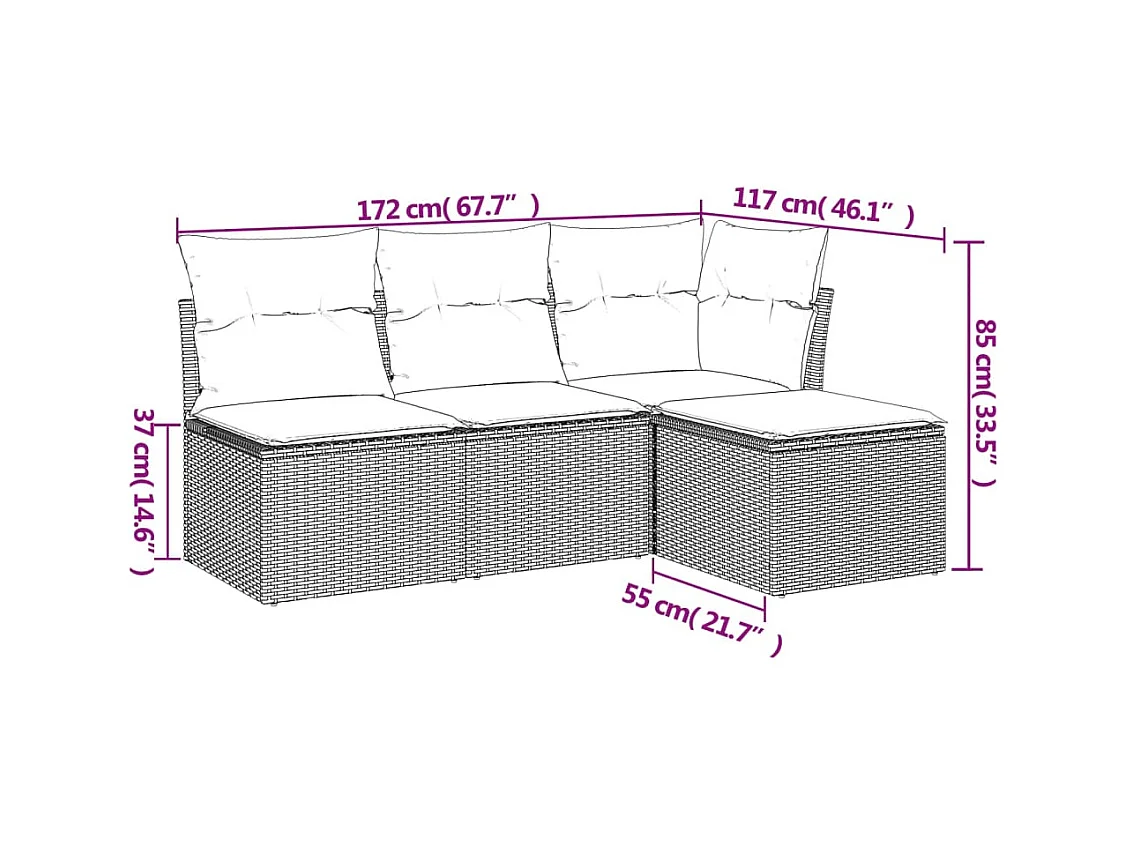 Salon de jardin 4 pcs avec coussins marron résine tressée FR28044