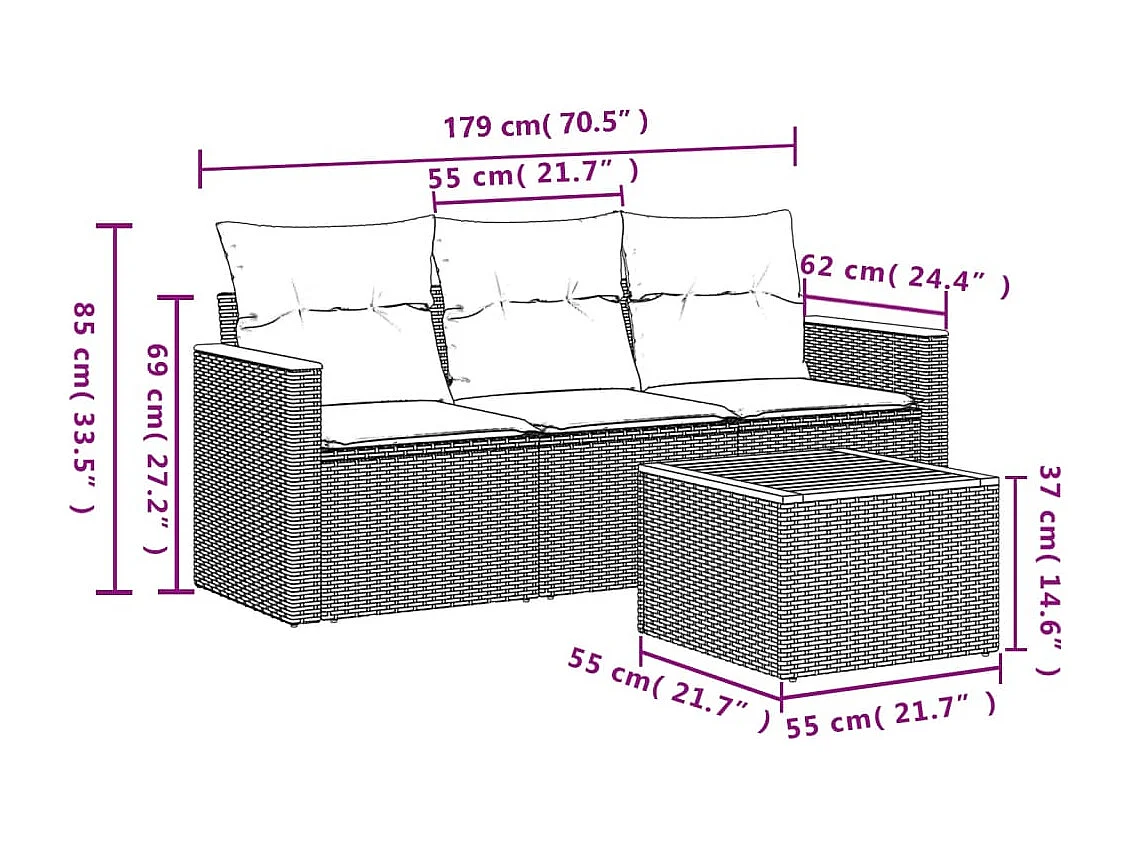 Salon de jardin 4 pcs avec coussins noir résine tressée FR11445