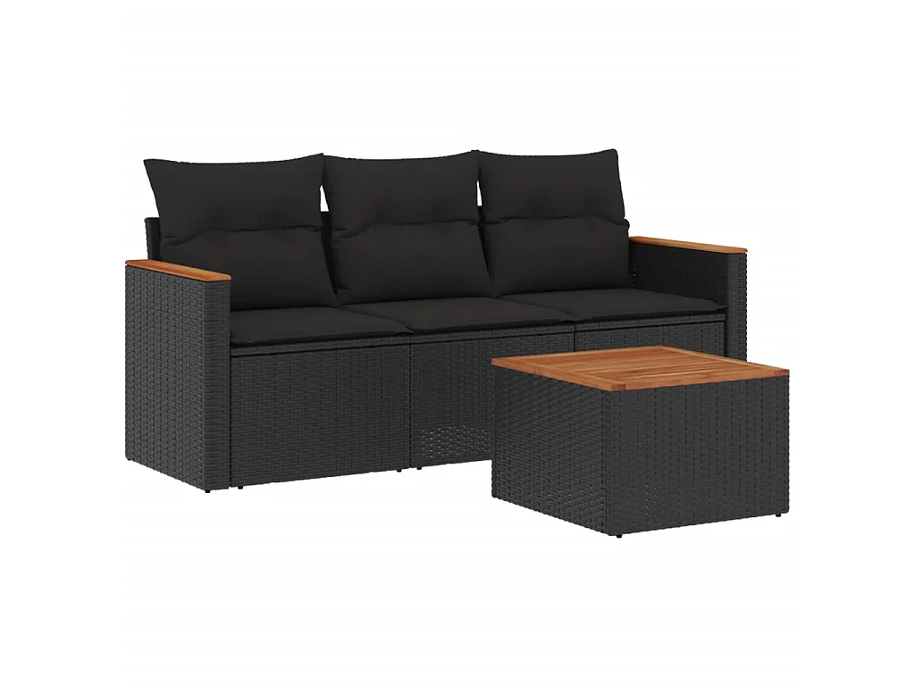 Salon de jardin 4 pcs avec coussins noir résine tressée FR11445