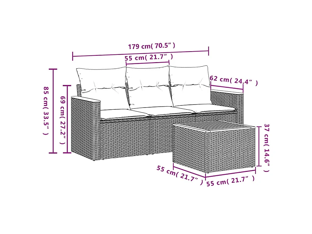 Salon de jardin 4 pcs avec coussins noir résine tressée FR11445