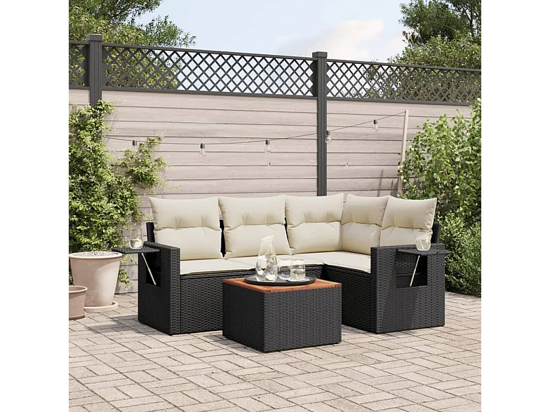 Salon de jardin 5 pcs avec coussins noir résine tressée FR15052