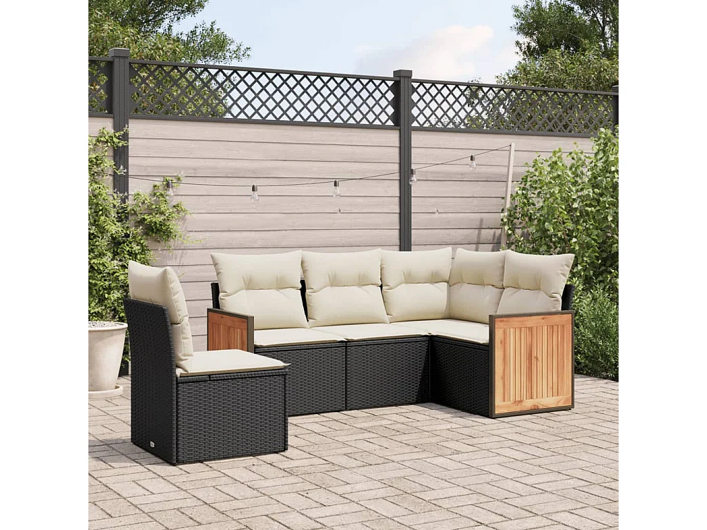 5-delige Loungeset met kussens poly rattan zwart BE329866