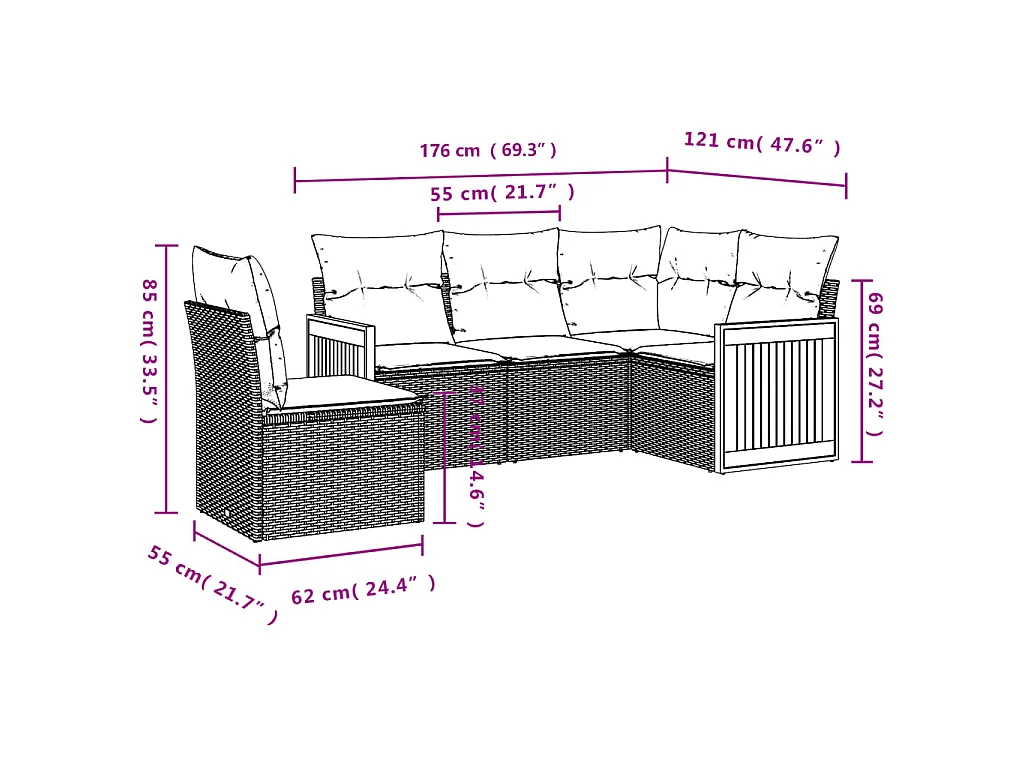 5-delige Loungeset met kussens poly rattan zwart BE329866