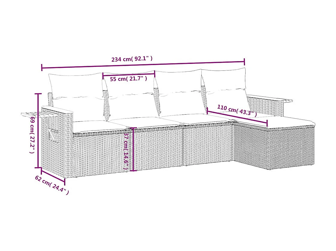 5 pcs conjunto sofás de jardim c/ almofadões vime PE cinzento PT967522