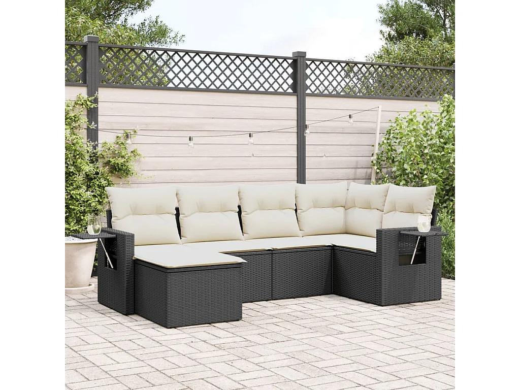 6 pcs conjunto sofás de jardim c/ almofadões vime PE preto PT322345