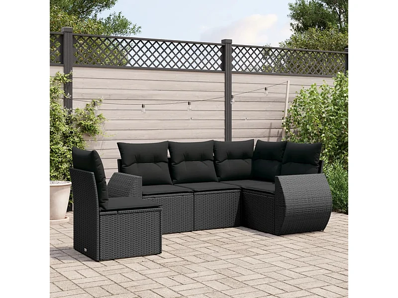 5-delige Loungeset met kussens poly rattan zwart BE309902
