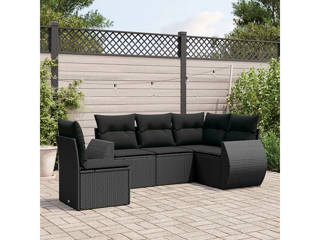 5-delige Loungeset met kussens poly rattan zwart BE309902